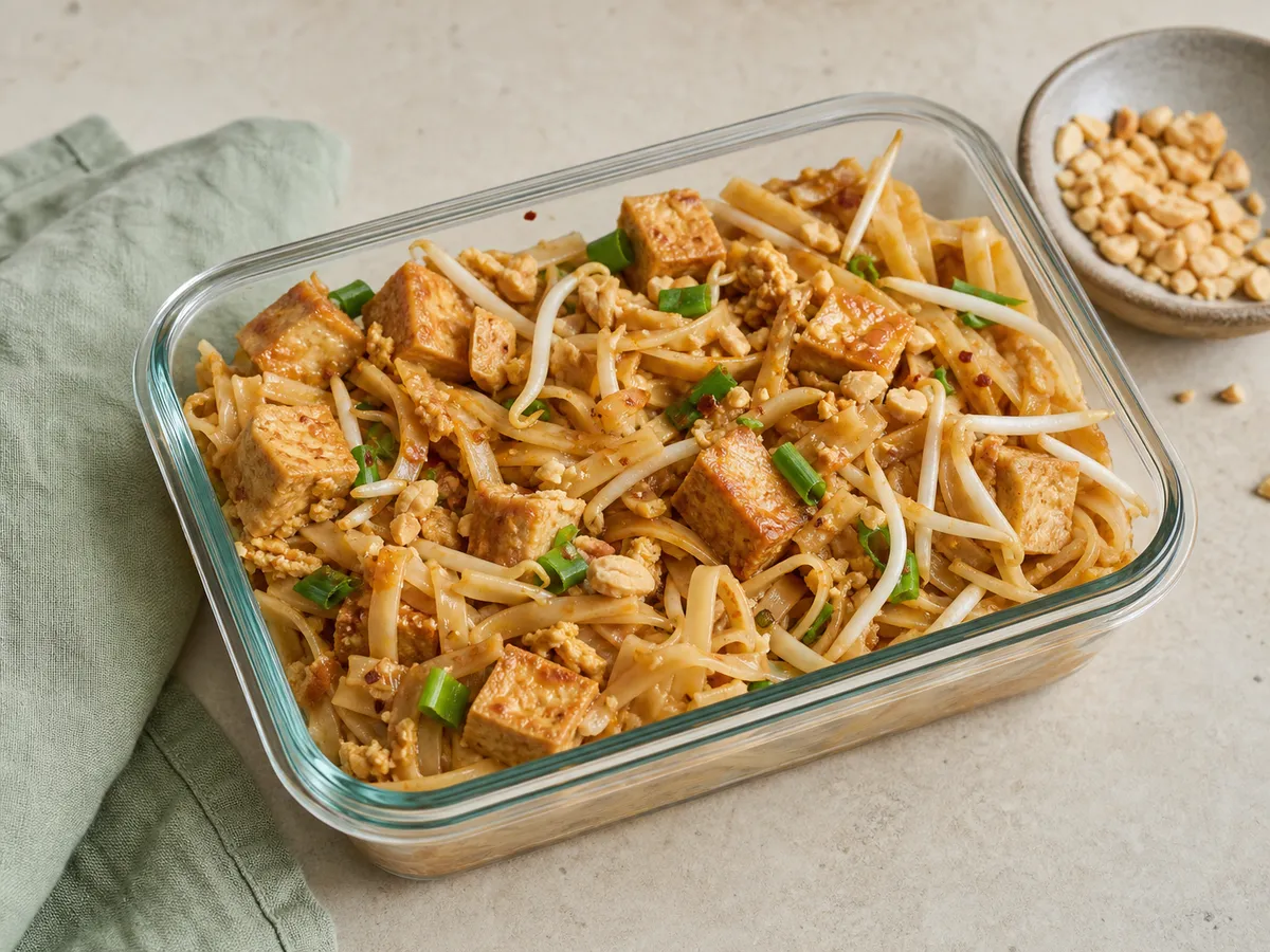 Illustrative image of tofu pad thai served in a simple everyday setting
