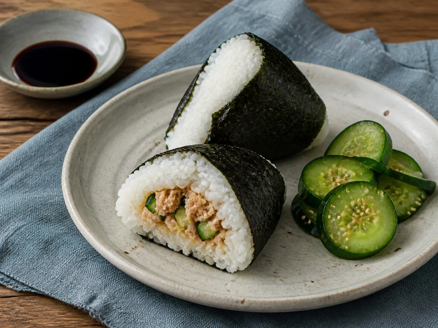 Illustrative image of tuna and cucumber onigiri served in a simple everyday setting
