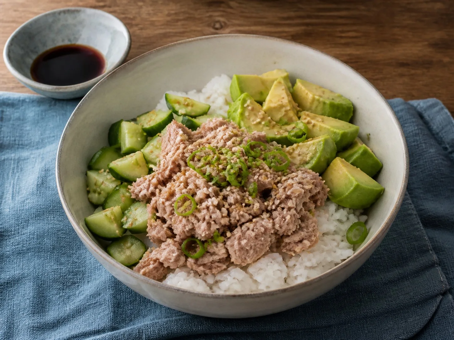 Illustrative image of tuna rice bowl served in a simple everyday setting