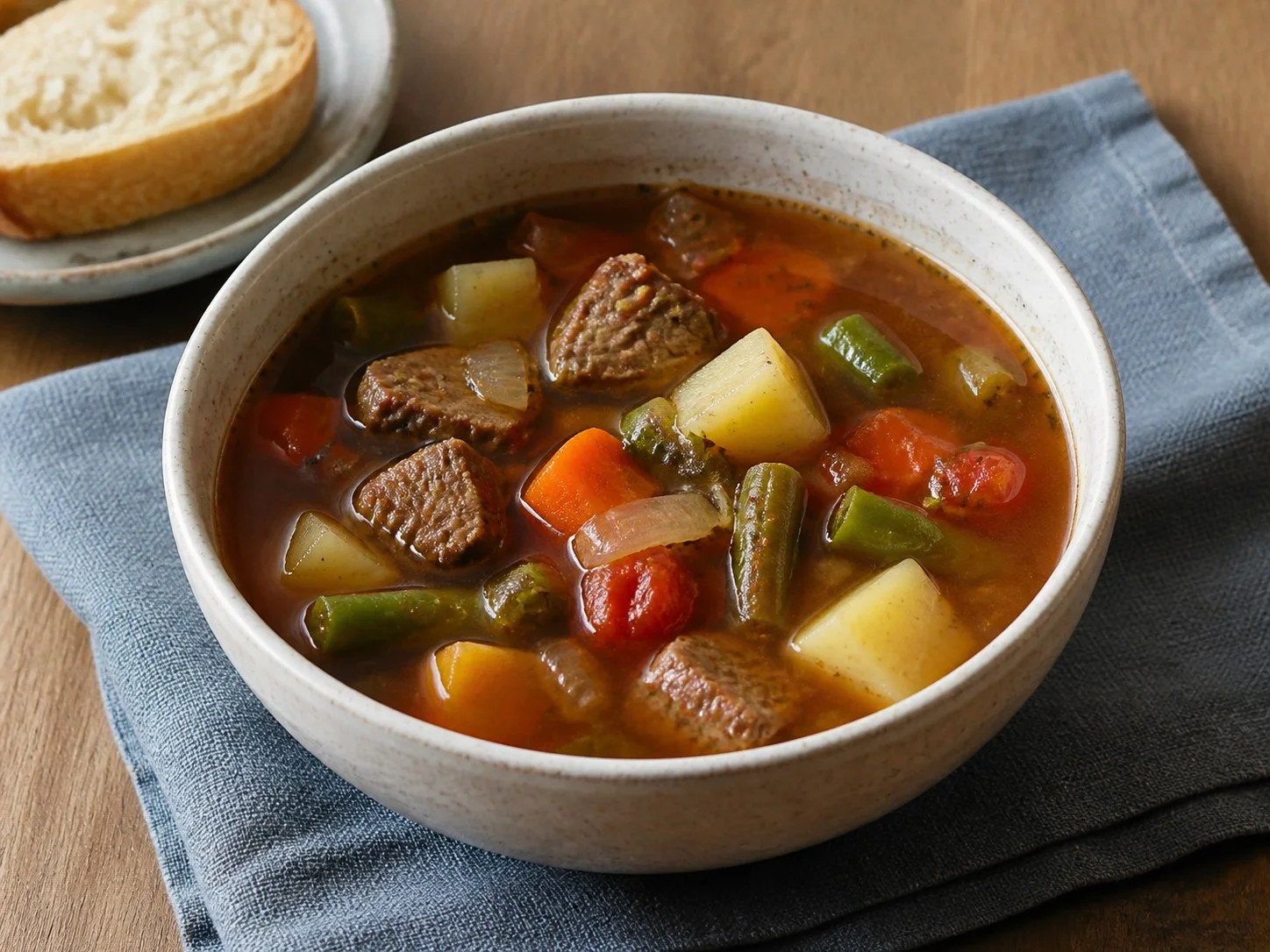 Illustrative image of vegetable beef soup served in a simple everyday setting