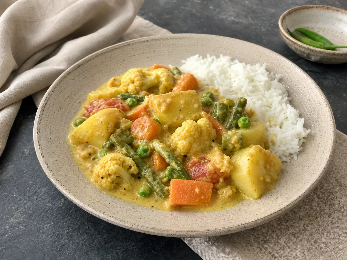 Illustrative image of vegetable korma served in a simple everyday setting